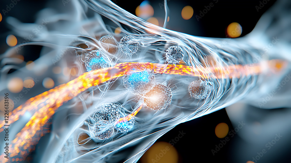 Poster exploring cellular dynamics in a hypothetical lab science visualization abstract environment close-u