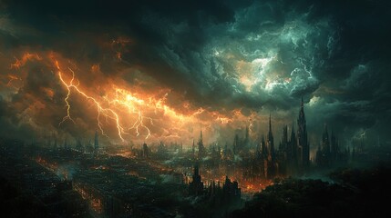 Fototapeta premium A stormy sky over a cityscape symbolizing inner turmoil, with dark clouds and lightning, capturing the intensity of emotional struggle 
