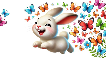 Illustration of a joyful cute fluffy bunny surrounded by colorful butterflies and flowers isolated on white background with clipping mask. Happy Easter.