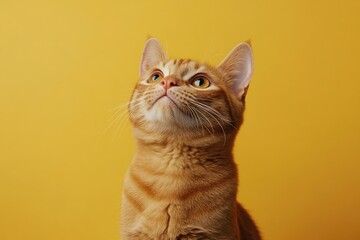Ginger cat looking up with bright orange eyes against a solid yellow background studio shot