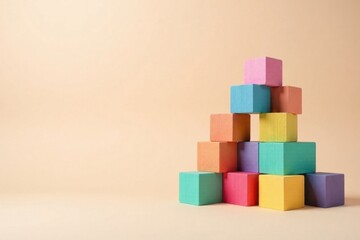 Pastel-colored blocks arranged in a pyramid shape against a neutral background, symbolizing growth, development, and building a foundation