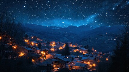 Fototapeta premium A starry night over a quiet village representing dreams, with twinkling lights and a peaceful atmosphere 