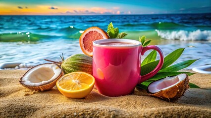 Tropical Friday Escape: Pink Drink & Modern Mug on Seashell Beach - Summer Party Ad