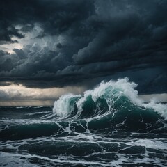 Obraz premium Dark storm clouds rolling in over a restless ocean, waves crashing wildly.below.