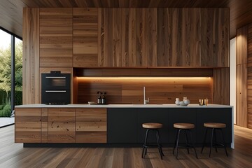 3 d rendering of modern luxury house panels in a kitchen and wood wall. Generative AI