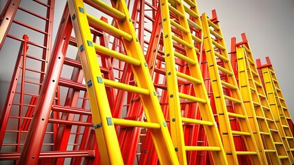 Vibrant Red & Yellow Fiberglass Ladders Neatly Stacked - Stock Photo