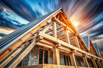 Obraz premium Wooden House Roof Construction: Close-up Ridge Detail, Gray & White Timber, Long Exposure