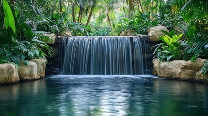 A serene waterfall surrounded by lush greenery representing rejuvenation, with the sound of flowing water inviting relaxation and peace 