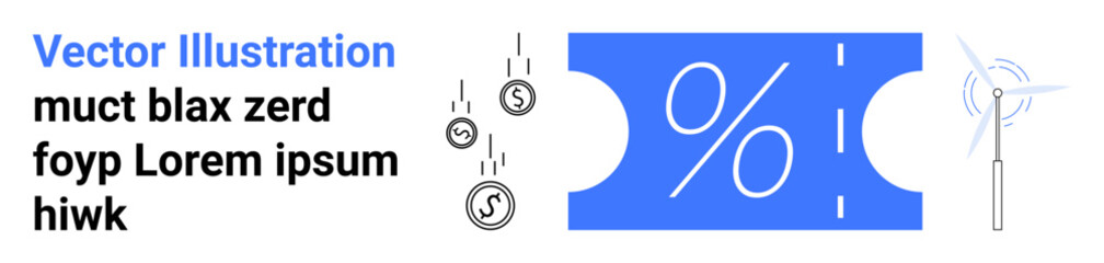Percentage sign on a coupon with coins indicating savings, renewable energy wind turbine. Ideal for finance, discounts, eco-friendly solutions, sustainability, energy savings, economic growth
