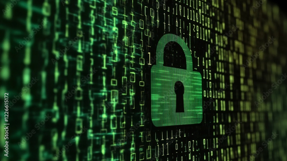 Poster a digital padlock on a computer screen, with binary code in the background, symbolizing online data 