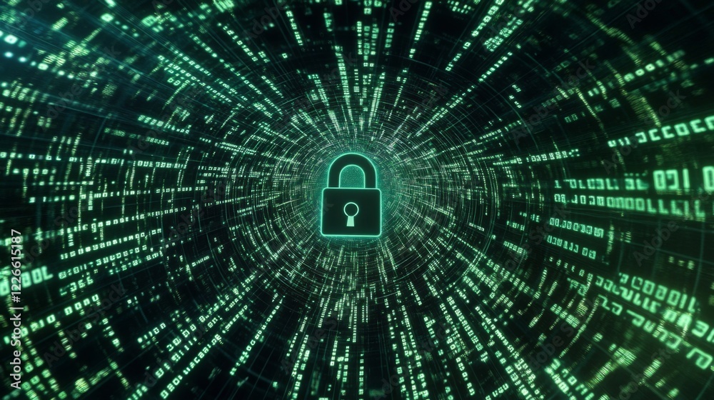 Poster a digital padlock on a computer screen, with binary code in the background, symbolizing online data 