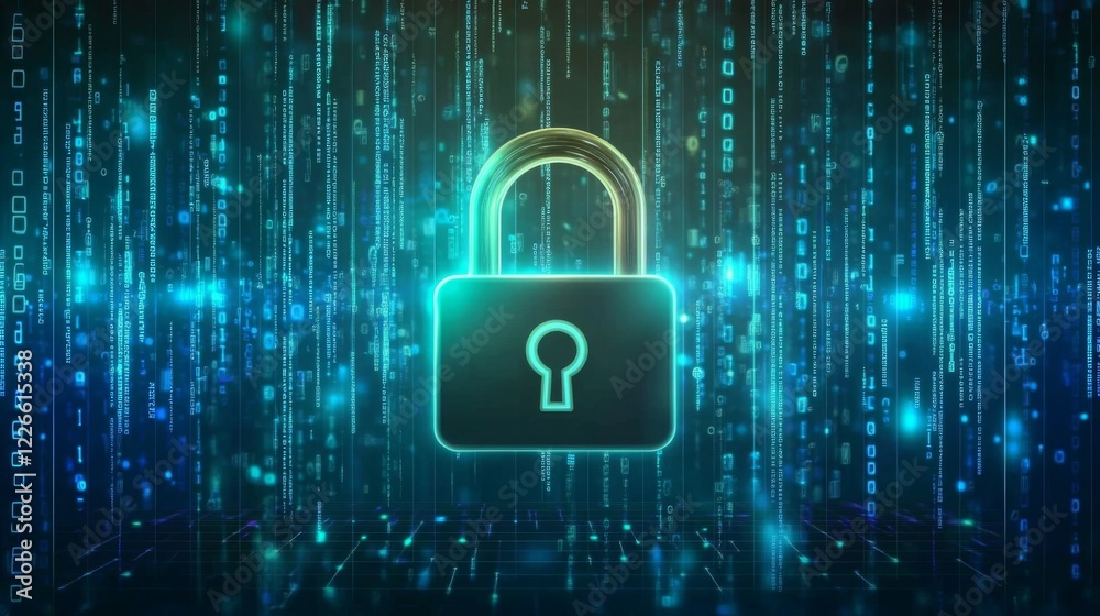 Poster a digital padlock on a computer screen, with binary code in the background, symbolizing online data 