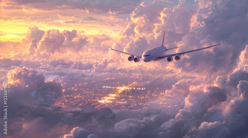 Poster a dramatic shot of an airplane descending through the clouds, with the runway lights visible in the 