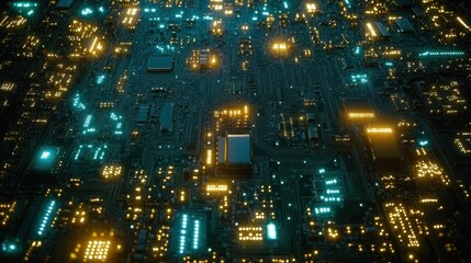 Digital Circuit Board with Glowing Components and Abstract Patterns
