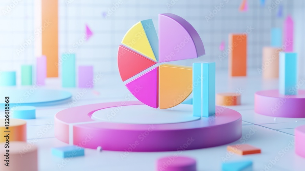 Poster a dynamic d pie chart with segments in various bright colors, each section floating slightly above a