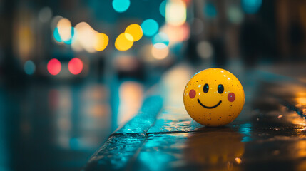 Smiling Yellow Emoji Night Cityscape Background Happy joy fun wet face cute ball dark blur urban    