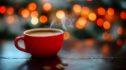 Fototapeta premium Warm Aromatic Coffee in Red Cup Cozy Winter Night Lights hot cafe food dark drink steam relax image 