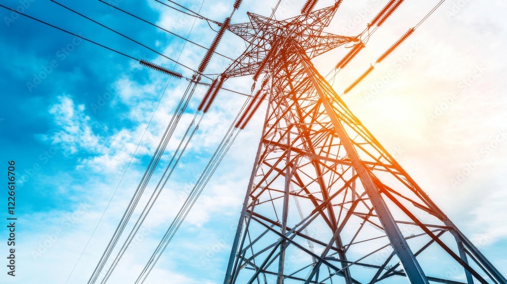 Poster a high-resolution close-up of a power transmission tower, focusing on the metal framework and insula