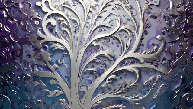An intricate silver tree with swirling branches is set against a vibrant background of purples and blues. The design has a luxurious and ornate appearance, reminiscent of filigree work.