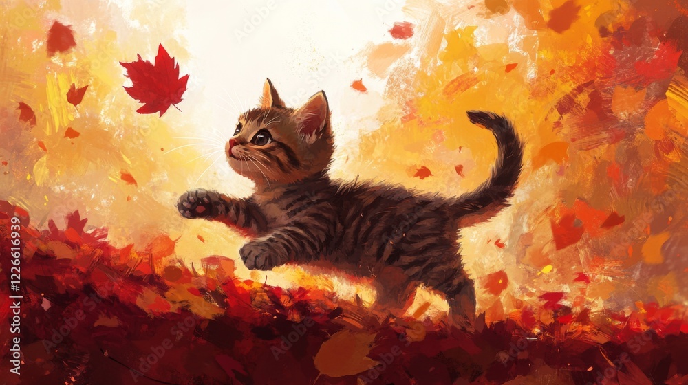 Poster a kitten frolicking through autumn leaves, kicking up colorful reds and yellows as it chases a falli