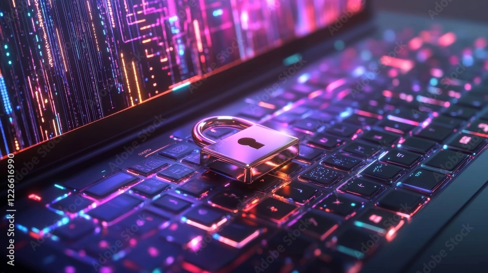 Leinwandbilder A laptop with a physical padlock on the keyboard, representing the concept of computer data protection and privacy.