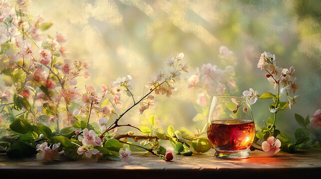 Spring Blossom Still Life Artistic Brandy Glass Nature Photography Pastel Colors Soft Drink Light   