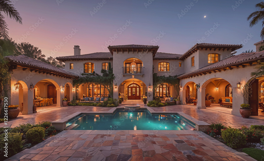 Aufkleber a large house with a pool and a moon in the sky. the house is lit up and has a warm, inviting atmosp