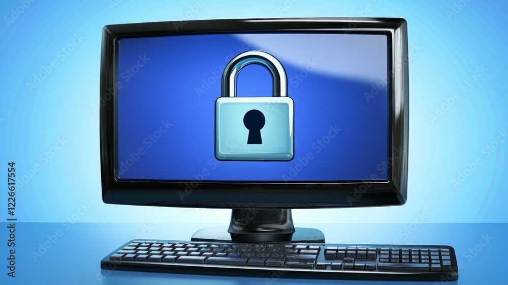 Poster a lock symbol on a computer monitor with a password input screen, representing secure login and prot