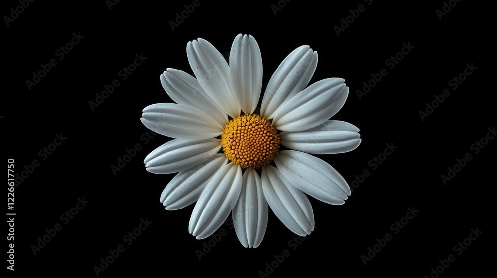 Poster a macro view of a daisy with crisp white petals and a bright yellow center, capturing the simplicity