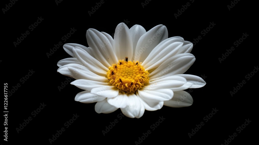 Poster a macro view of a daisy with crisp white petals and a bright yellow center, capturing the simplicity