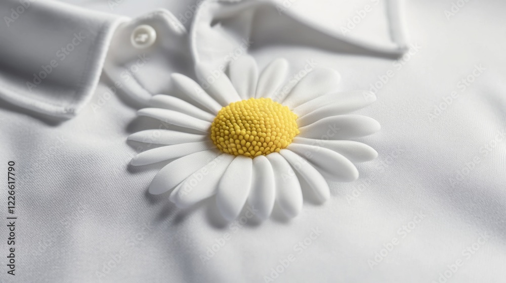 Poster a macro view of a daisy with crisp white petals and a bright yellow center, capturing the simplicity