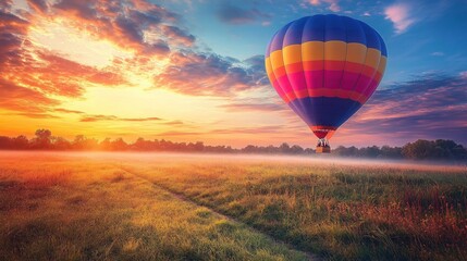 Hot air balloon flight over misty field at sunrise with colorful sky and golden light