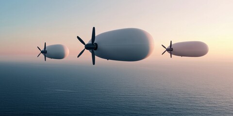 Naklejka premium clean energy wind marketing concept. Innovative airships flying over a calm ocean at sunset, showcasing futuristic design and technology.