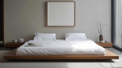 A minimalist bedroom with a low platform bed, clean white sheets, and a simple piece of art above the bed, creating a tranquil space.