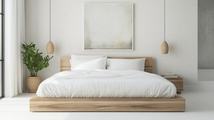 A minimalist bedroom with a low platform bed, clean white sheets, and a simple piece of art above the bed, creating a tranquil space.
