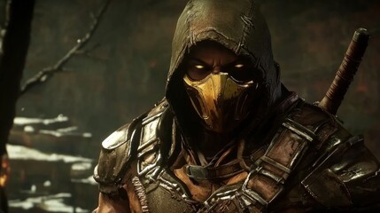 Mysterious Warrior in Dark Hooded Costume with Intense Expression