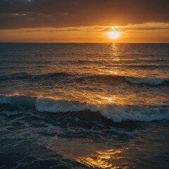 Obraz premium A vast, serene ocean with a golden sunset casting a warm glow over the horizon.