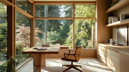 A minimalist home office nook with a wooden desk, comfortable chair, and plenty of natural light flowing through large windows.
