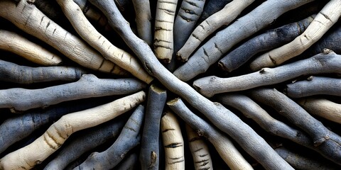 Obraz premium A close-up of interwoven, textured wooden sticks in various shades of gray and beige, arranged in a circular pattern. Concept Close-Up Photography, Textured Wood, Natural Colors, Circular Design