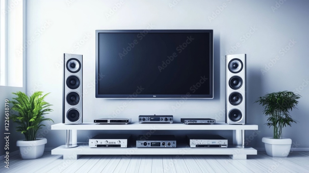 Poster a modern home audio system setup featuring a set of elegant speakers on a minimalist living room she