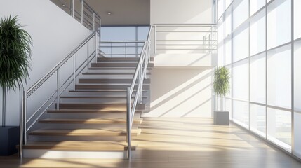 A modern minimalist staircase with sleek metal railings, wooden steps, and a white wall, adding to the contemporary feel of the home.