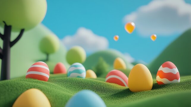 Colorful easter eggs on grassy hills