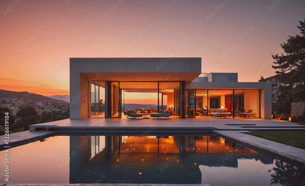 Aufkleber a large house with a pool and a large glass door. the house is surrounded by trees and the sky is or