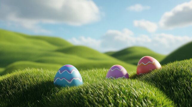 Colorful easter eggs on grassy hills