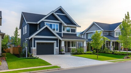 Fototapeta premium A modern twin house in a suburban neighborhood with a neat front yard, clean driveway, and contemporary architecture.