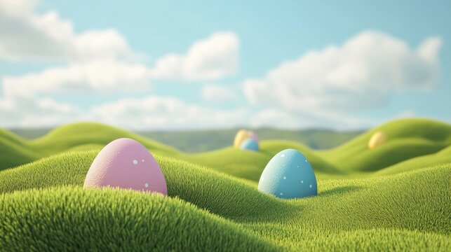 Colorful easter eggs on grassy hills