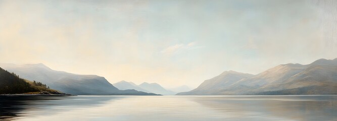 Obraz premium A sweeping view of a calm bay with distant mountains and a soft sky