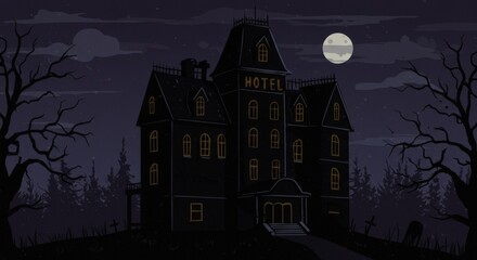simple spooky hotel illustration, vector art
