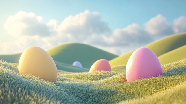 Colorful easter eggs on grassy hills