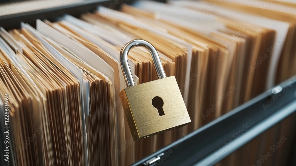 Poster a padlock over a computer screen showing files and data, representing secure data storage and encryp